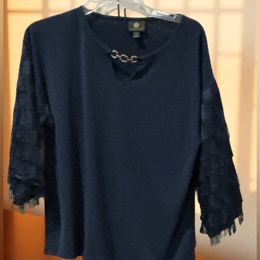 JM Collection Navy Blue 3/4 Sleeve Blouse | NWT Size S | Fringe Design Sleeves
